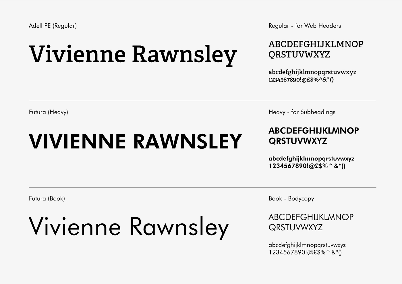 Typography setup for Vivienne Rawsley by Hive of Many